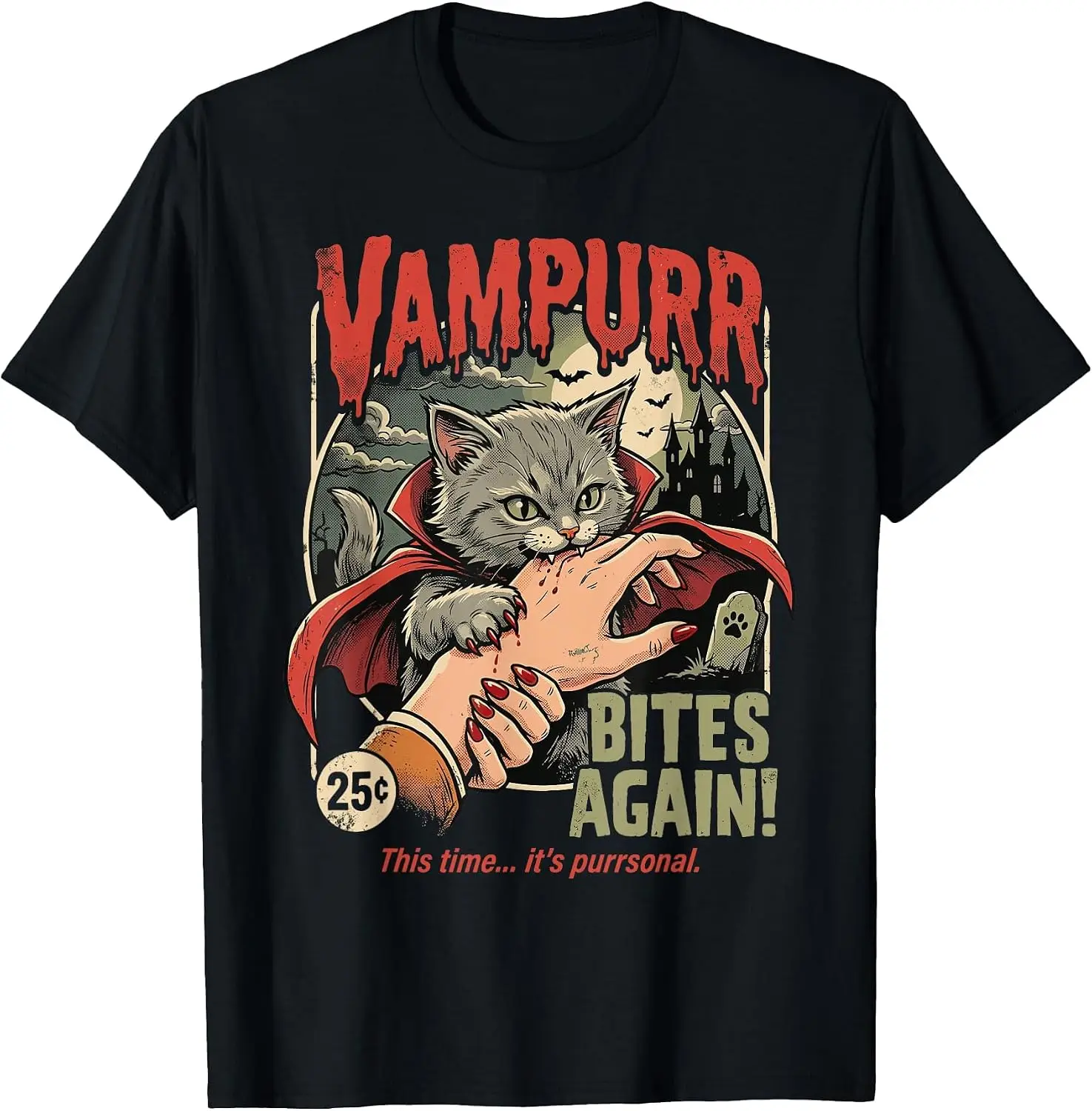 Vampurr Bites Again! Funny Cat Halloween Vintage Graphic T-Shirt