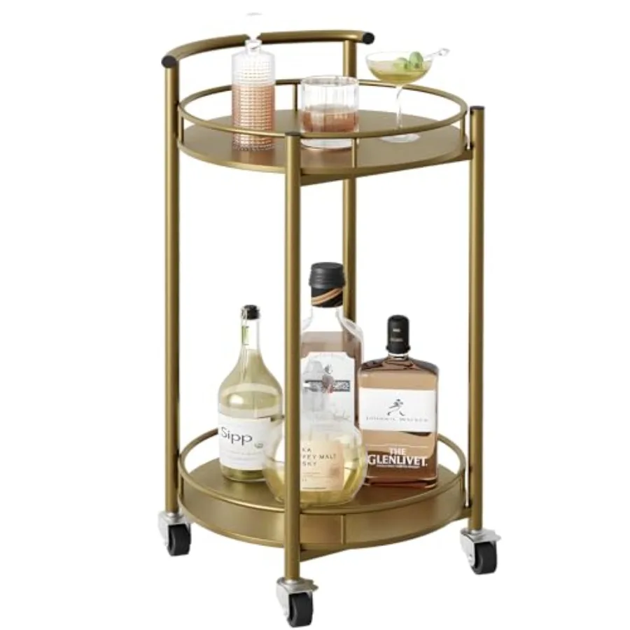 

Bar Cart Gold Rolling Cart for Home2 Tiers Bar Serving Cart Round Wine Cart with Handle Metal Wine Rack and Casters Serving Bar