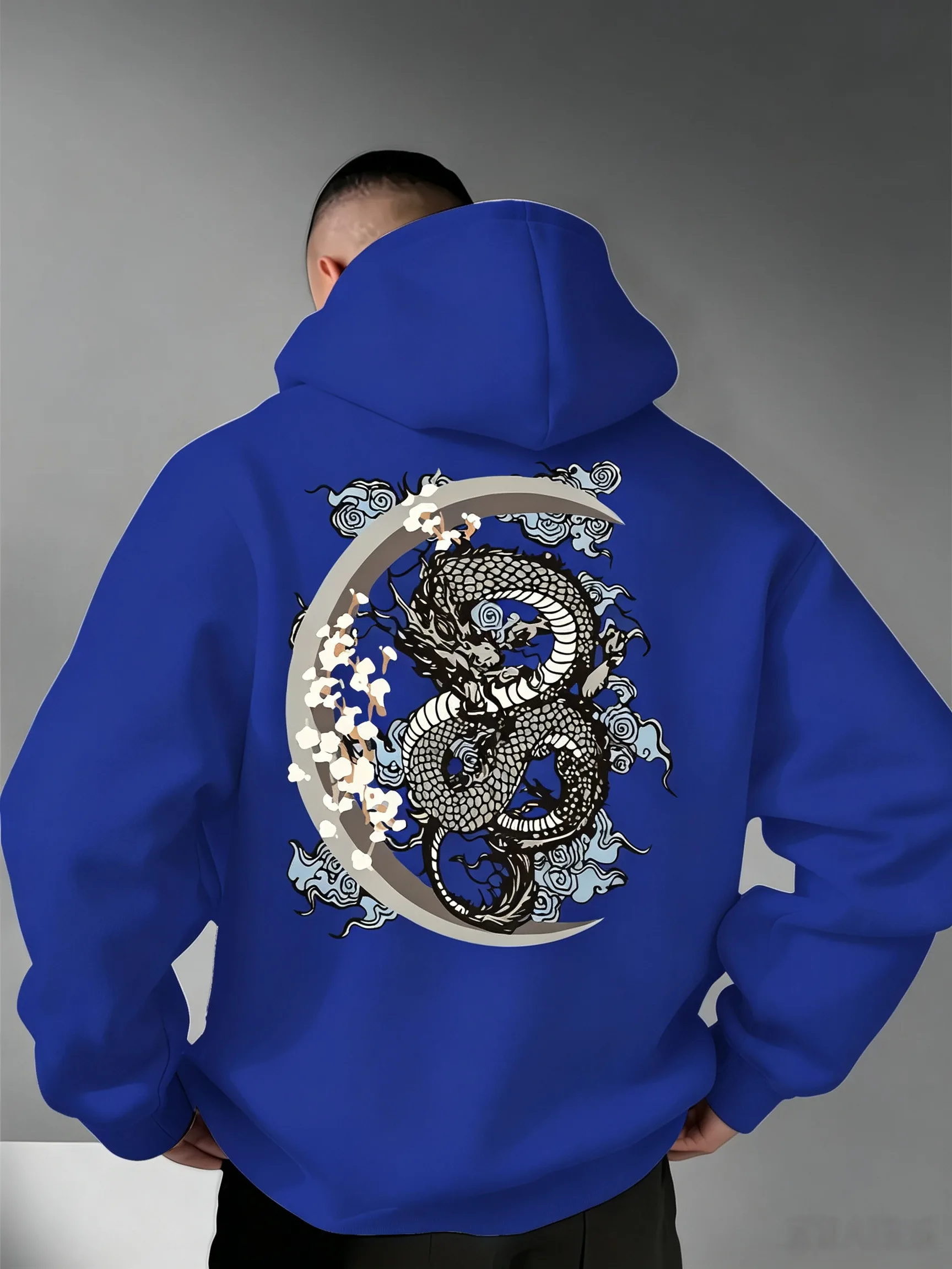 Men's Autumn/Winter Niche Fashion Hoodie – FeaturingTrendy Tokyo Dragon & Moon Print Comfortable Relaxed Fit Effortlessly Casual