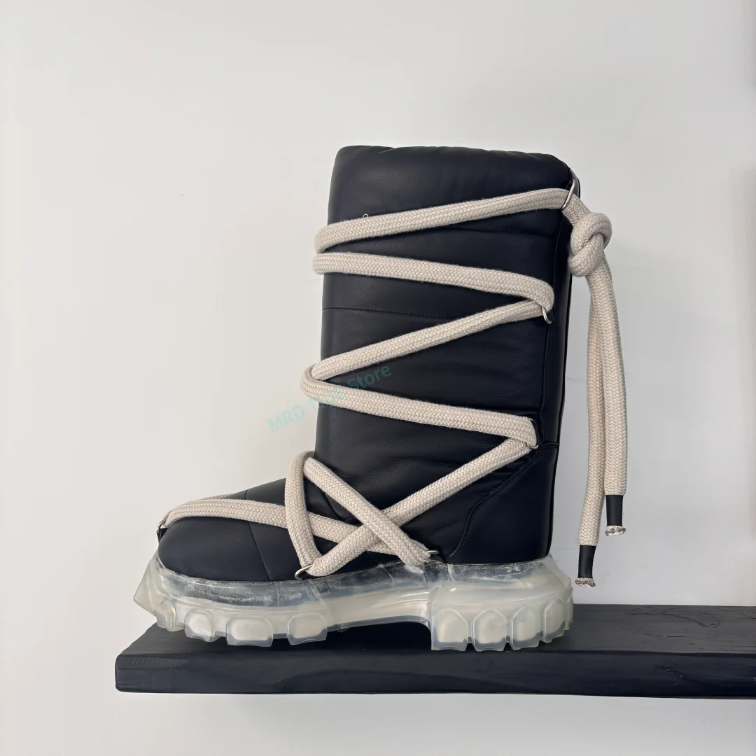 

Brand Men Boots Sheepkin Genuine Leather Cross-tied Jumbo ShoeLace Warm Snow Boots For Women Owens Vintage Luxury Designer Shoes