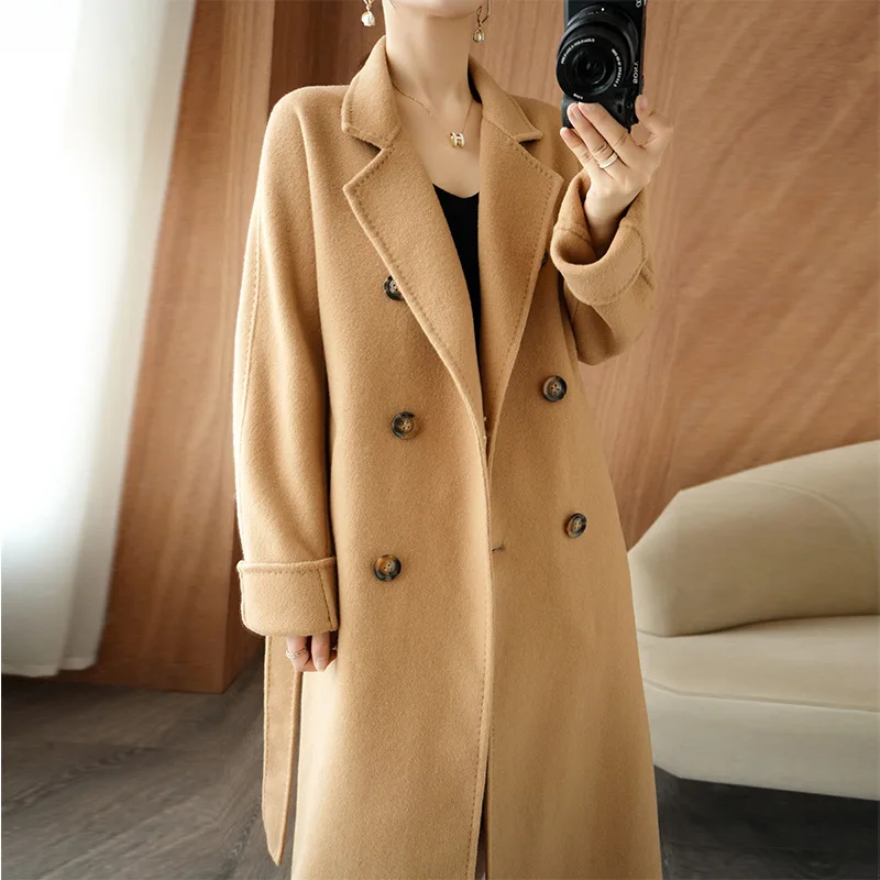 

Promotion 2023 Autumn and Winter Wool Coat Women's Long Knee Length Double sided Cashmere Fabric Windbreaker Belt Loose Large W