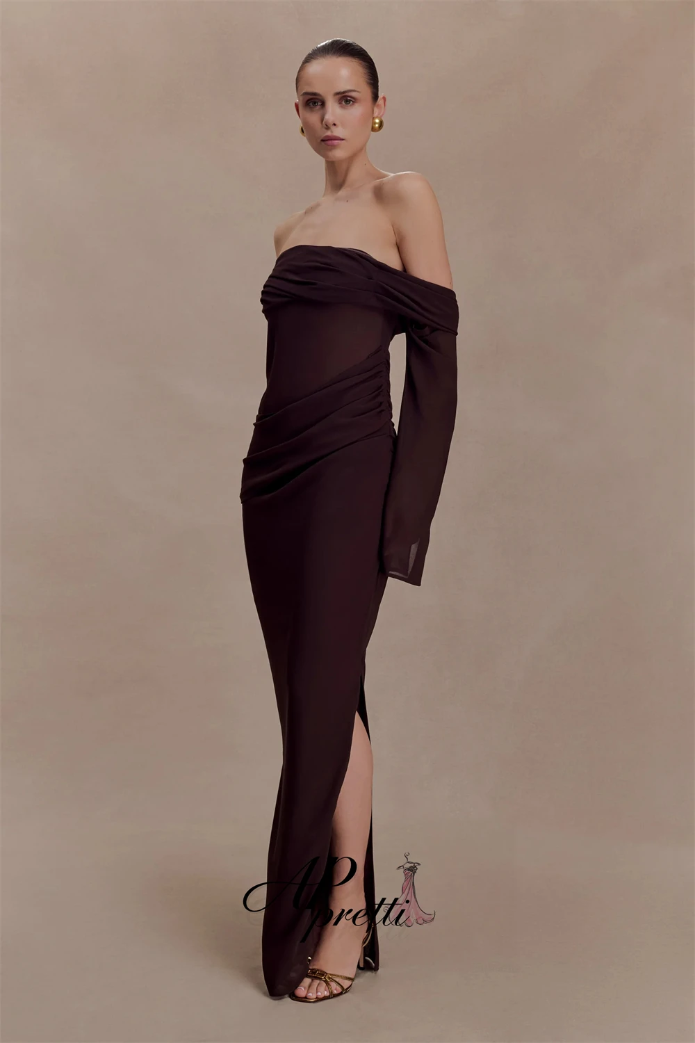 AP pretti Illusion Off Shoulder Evening Dress Customized Long Sleeve Draped Chiffon Sheath Floor‑Length Formal Party Gown 2027