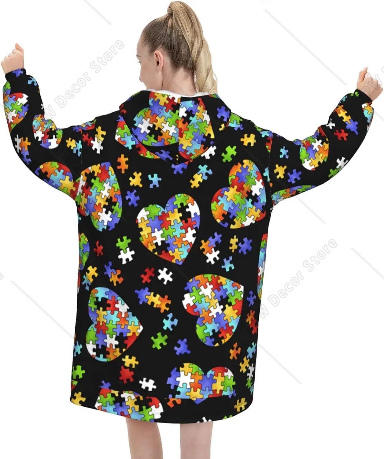 Oversized Flannel Wearable Blanket Hoodie For Adult Autism Awareness Puzzle Pieces Heart Soft Fuzzy Hooded Lounging Pullover