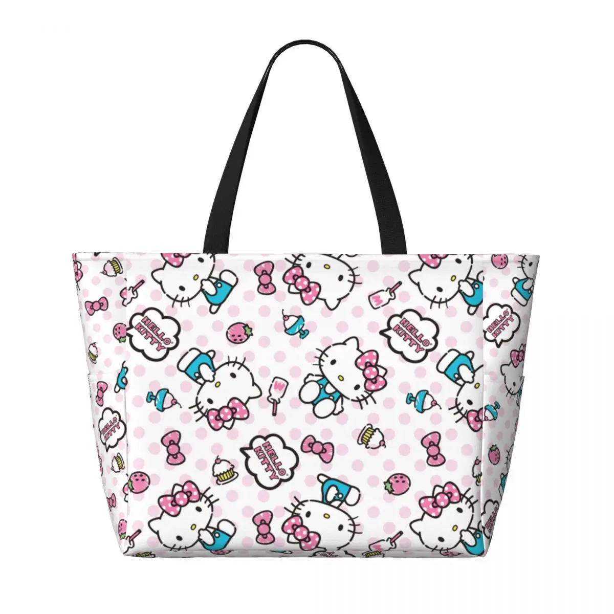 Borsa Tote personalizzata con fiocco rosa Hello Kitty Cat per donna borse da viaggio da spiaggia Kawaii Kitten Gym di grande capacità