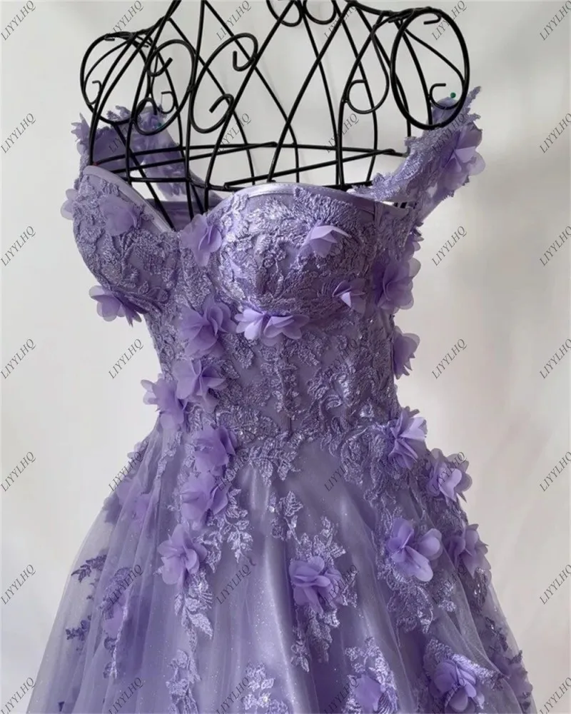 LIYYLHQ  Sweet A-line 3D Flower Princess  فساتين مناسبة رسمية  Tulle Evening Dress Purple Prom Dress Handmade Robe De Soirée ﻿