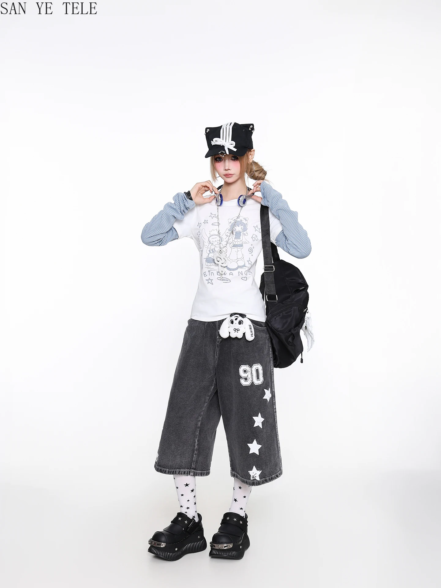 スプライシングストライプ長袖かわいい Tシャツ女性フェイクツーピース Y2k 漫画キャラクターパターンデザインカジュアルクルーネックトップ