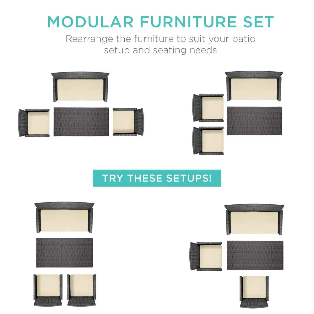 

4Piece Outdoor Wicker Patio Conversation Furniture Set for Backyard w Coffee Table, Seat Cushions Gray Cream