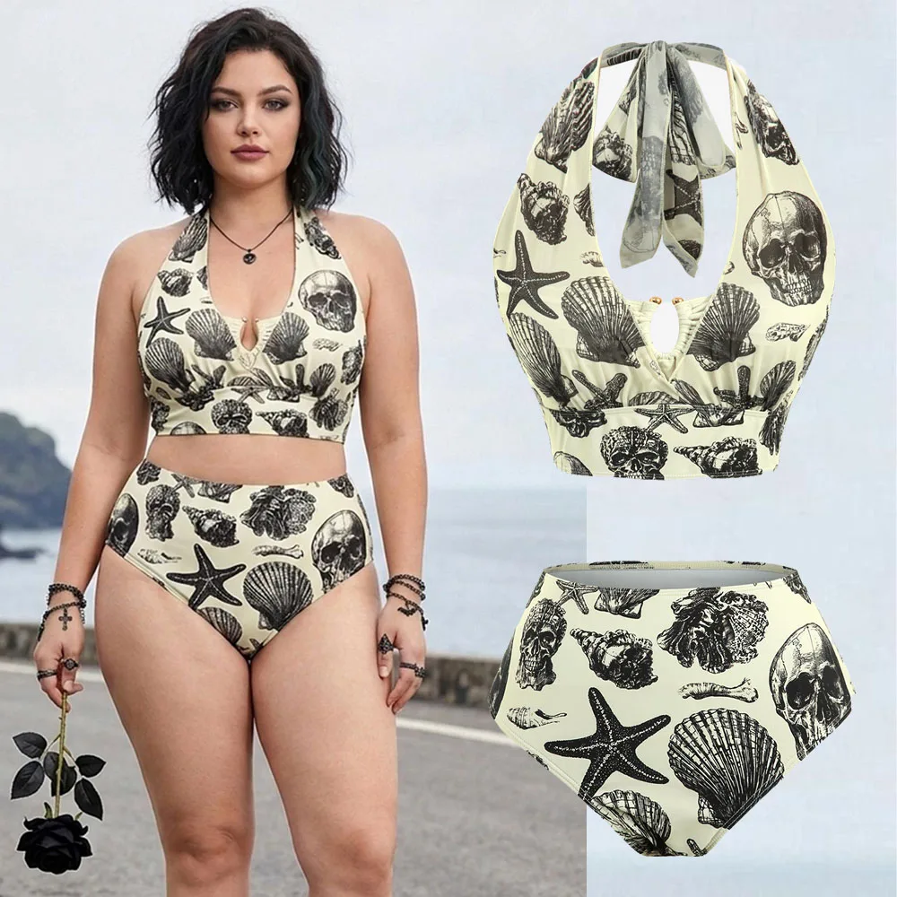

Готический женский купальник-танкини из двух частей с глубоким вырезом и завязками на шее, с принтом черепов, ракушек, морских звезд, цвета кремовый с кристаллами, для пляжа