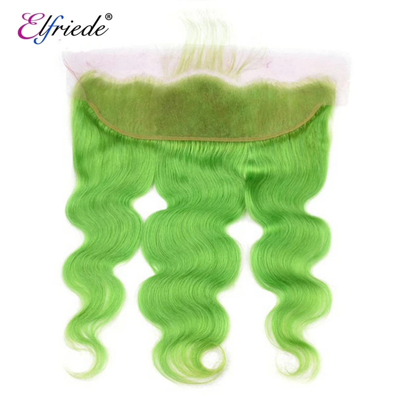 Elfriede # fasci di capelli precolorati con onda del corpo verde con trame di capelli umani Remy frontali al 100% 3 fasci con frontale in pizzo 13x4