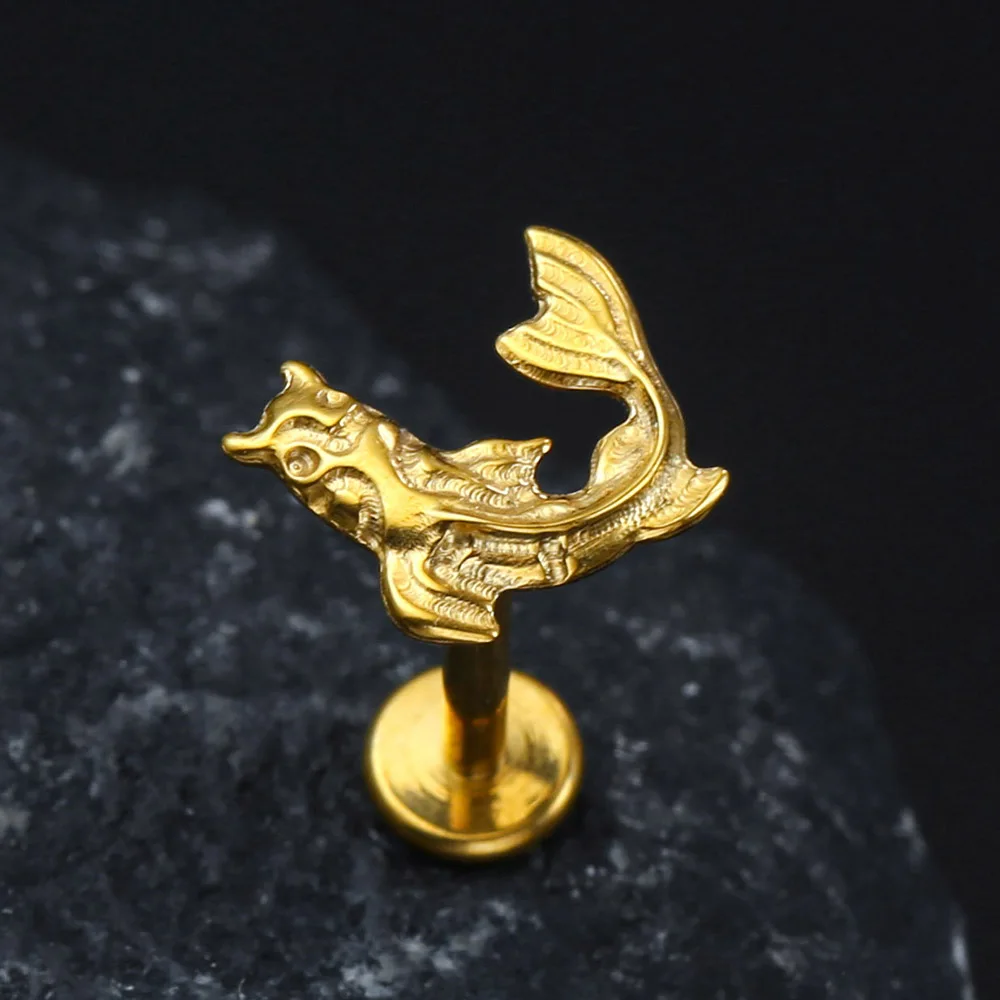 Casvort 1 Stück ASTM F136 Titan Koi-Fisch Labret Piercing Lippen-Nasenring Flacher Ohrstecker Gewindeloser Helix Conch Schmuck – Detail 4