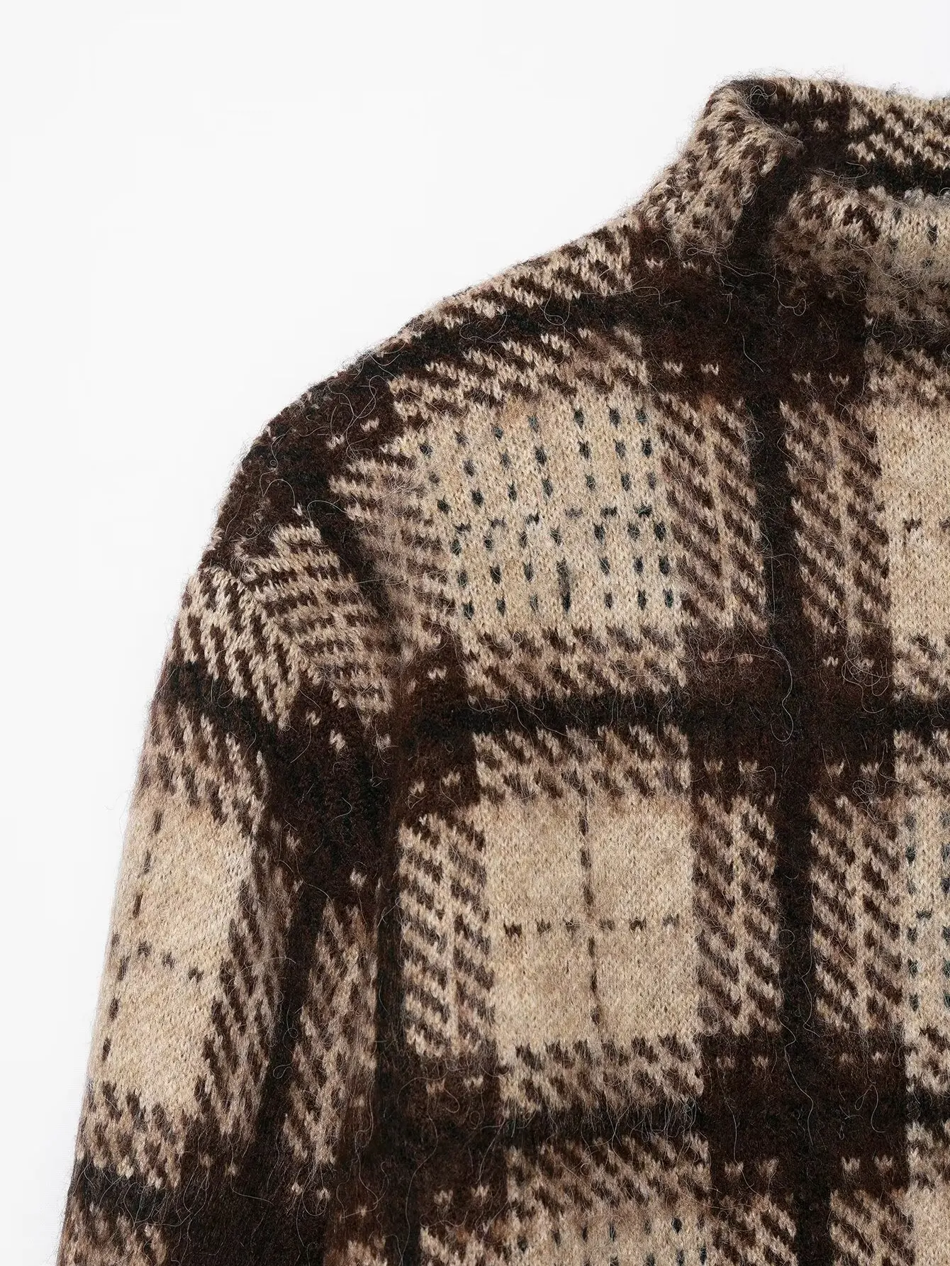 جديد 2025 الخريف الشتاء النساء القهوة منقوشة محبوك نصف عالية طوق البلوز سترة كم كامل البلوز فضفاض قصير تريكو