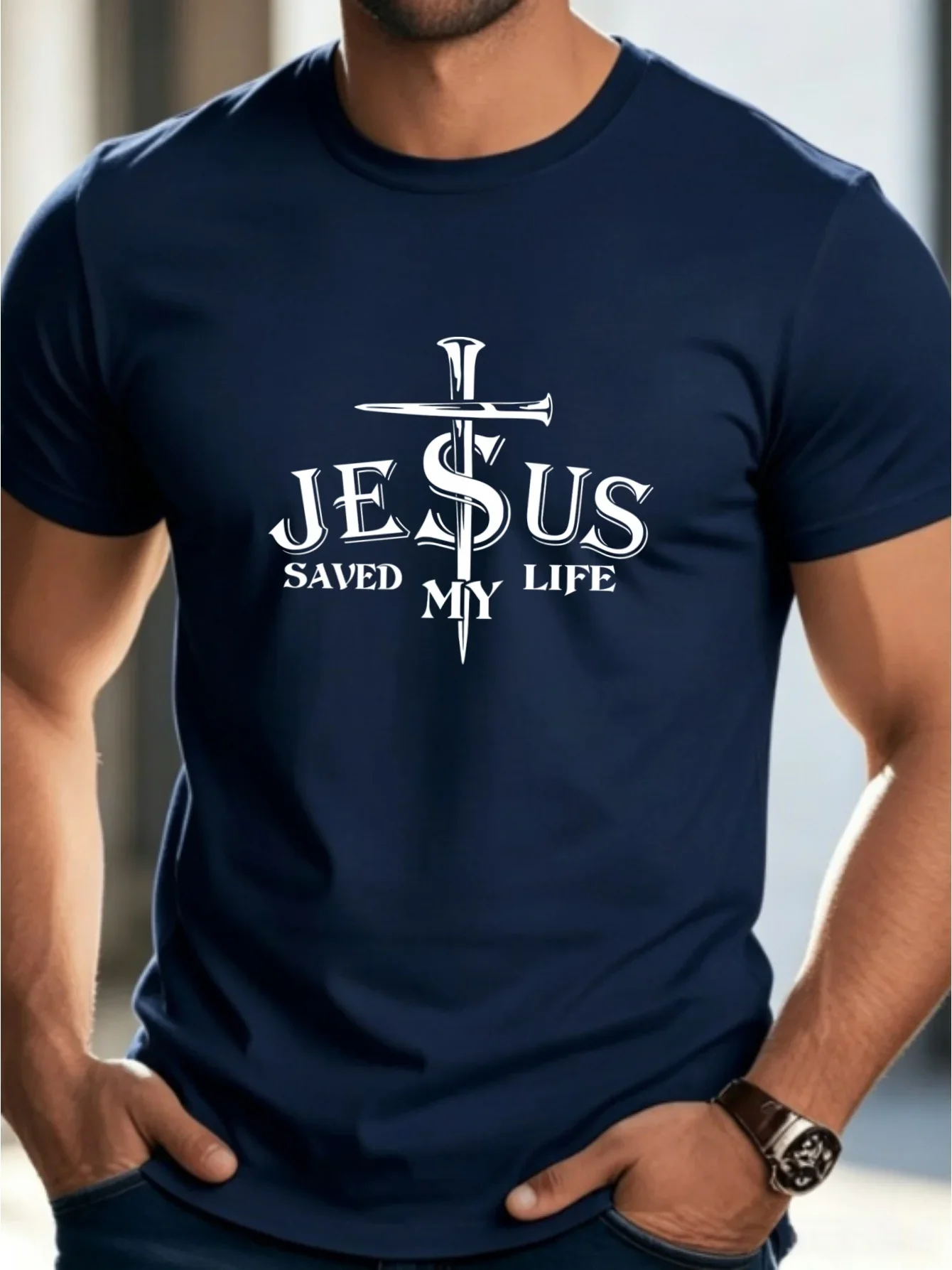 Trendy Men's Jesus Saved My Life Letter Print T-shirt Christian Faith Graphic T Shirt for Men Casual Daily Wear Tops