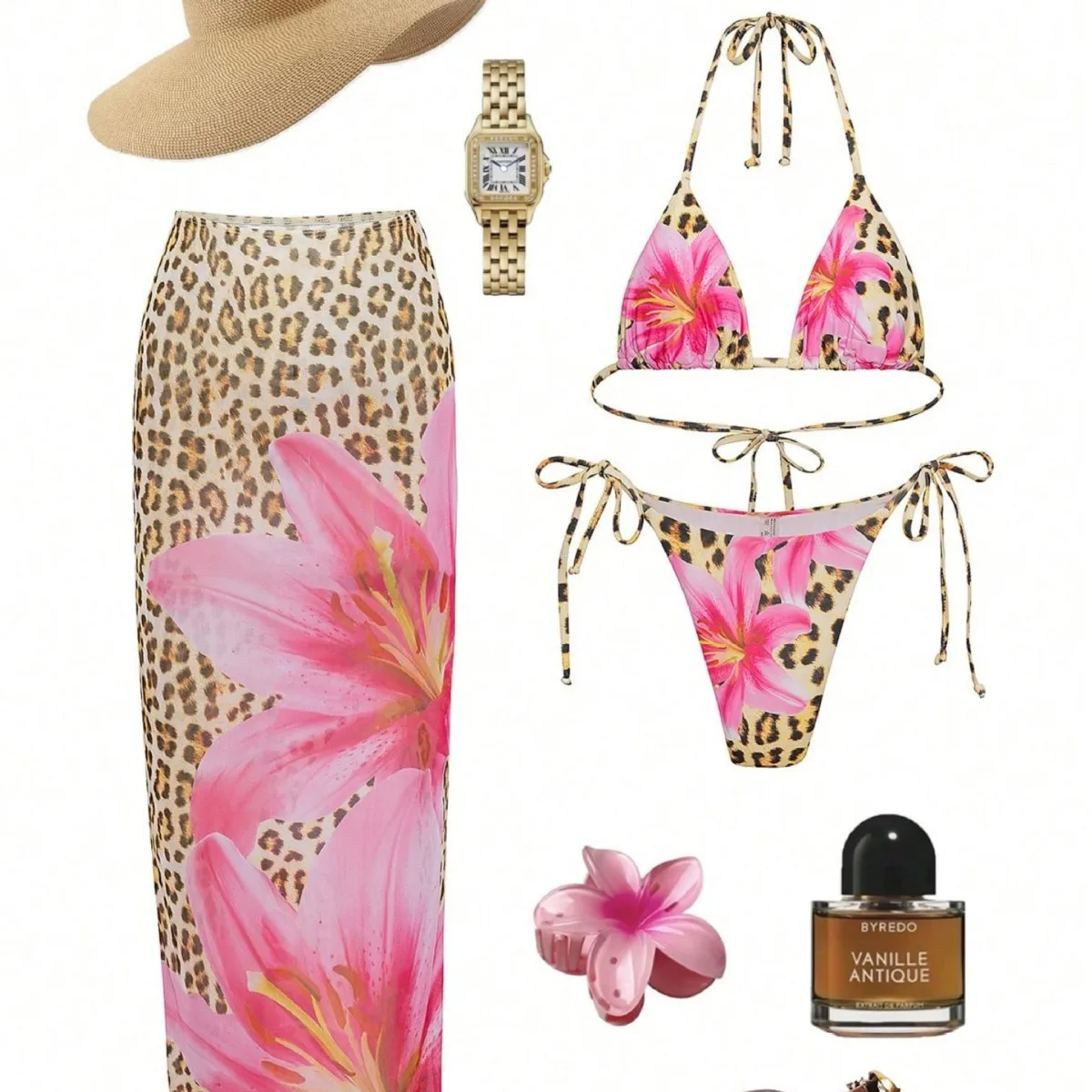 Leopard Pink Lily Flower Print Halter Triangle Bikini Set for Women Long Wrap Skirt Beach Swimwear Cover‑Up Holiday Summer