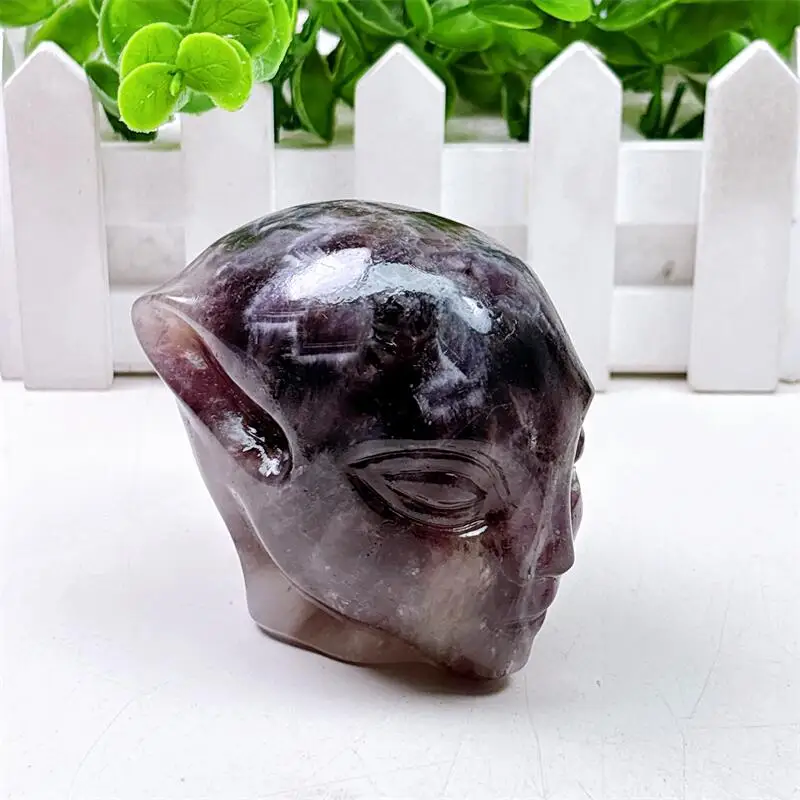 

7.5CM Natural Dream Amethyst Alien Skull Carving Healing Fengshui Reiki Gemstone Crafts Wicca Decoration Holiday Gift 1pcs