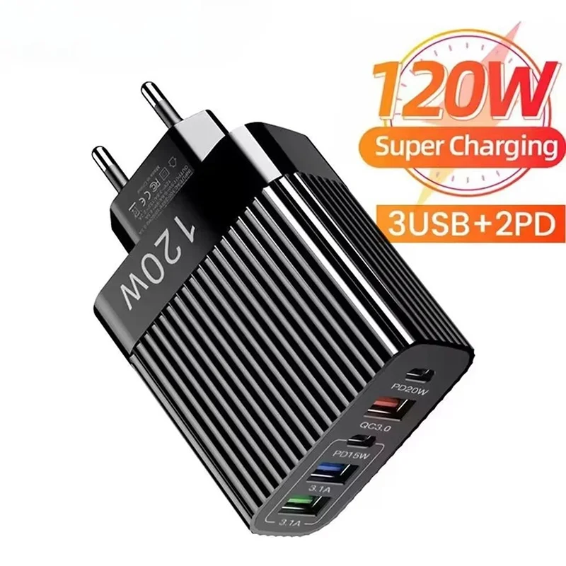 5 Ports 120W USB Fast Charging Charger Type C Phone Charger Power Adapter For iPhone 15 Xiaomi Huawei USB C Travel Wall Charger