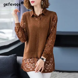 Fashion Fake Two Pieces Knitted Sweaters Shirt Elegant Office Lady Lace Spliced Polo-Neck Blouse Spring Autumn Women's Clothing