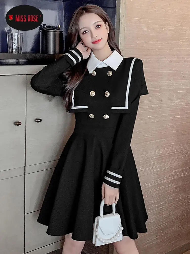 Women Lady Elegant JK Sailor Uniform Dress Party High Street Dating Romantic Vestidos Double Breasted Autumn Spring Preppy Dress