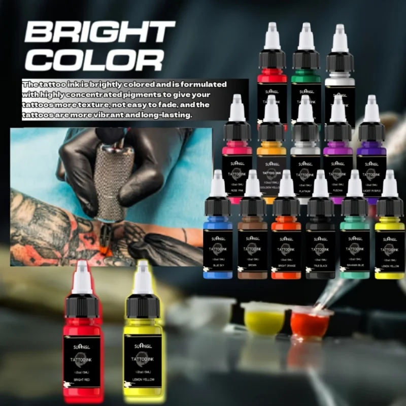 Tattoo Ink Set 14/7 Colors 5ml with 23PCS Tools Cups Gloves Table Cover Stand Vibrant Long Lasting for Artists Beginners