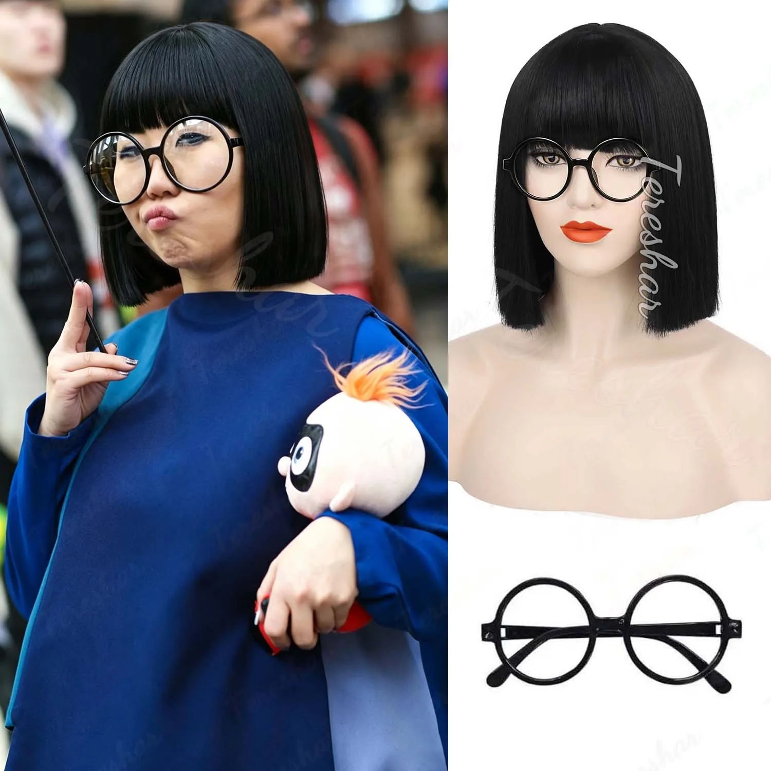 Synthetic Short Bob Wig with Bangs+Glasses,12
