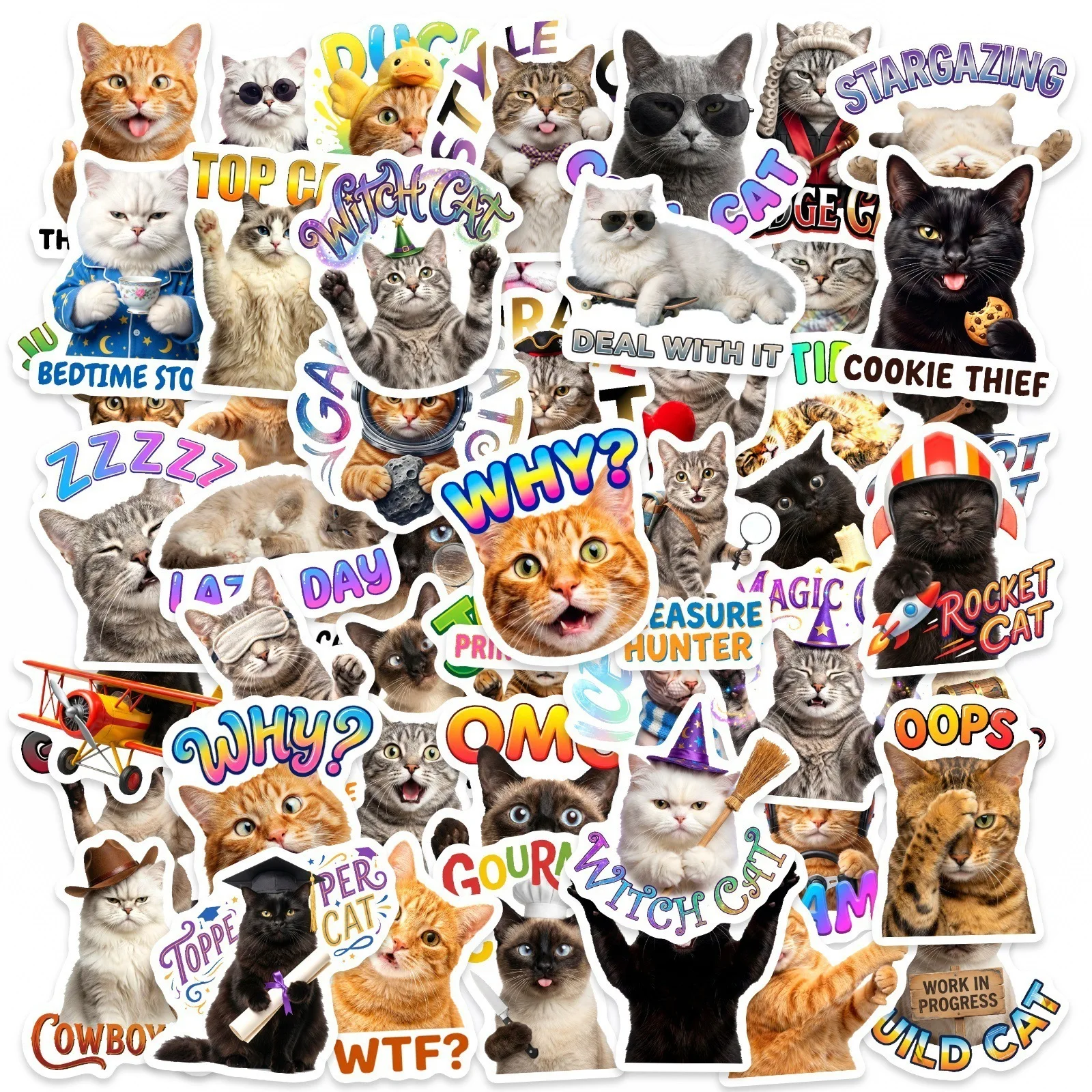 50 Pcs Funny Cat Meme Stickers, Unique Goofy Decals for Luggage, Phone Cases, Laptops & Water Bottles