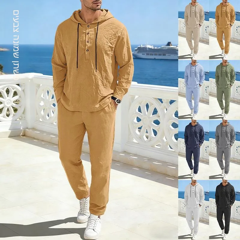 

Men's Linen Hooded Drawstring Long Sleeve Long Pants Set Casual Sportswear New Arrival 2026 Cross-Border TK Pure Color
