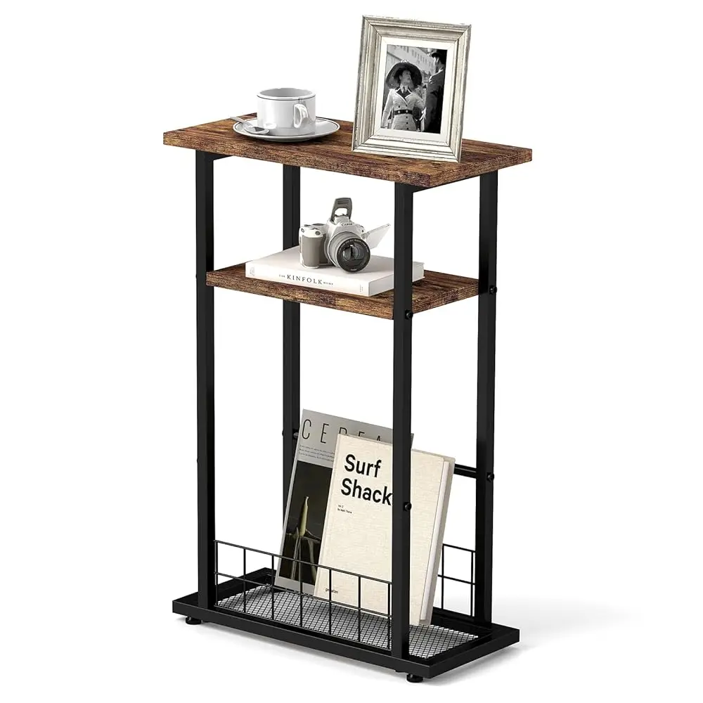 

Small Side Table For Small Spaces,3-Tier Narrow End Table With Magazine Holder,Slim Bedside Table Nightstand With Storage For