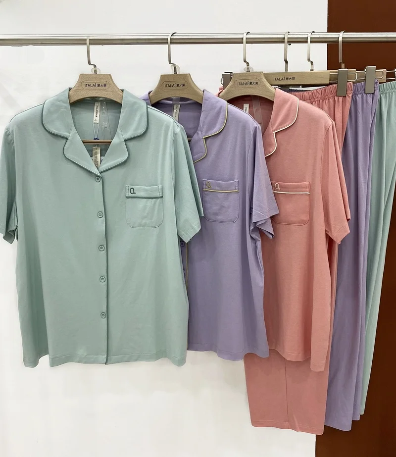 summer-lightweight-cotton-modal-women's-spwear-ort-sve-long-pants-home-clothes-pure-color-button-front-casual-sle