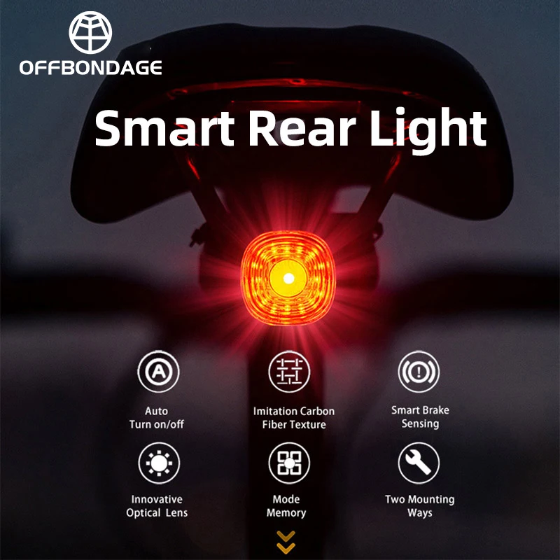 OFFBONDAGE Smart Bicycle Brake Light IPx6 Taillight Type-C Bike Tail Rear Light Auto Stop LED Riding Warning Cycling Light 