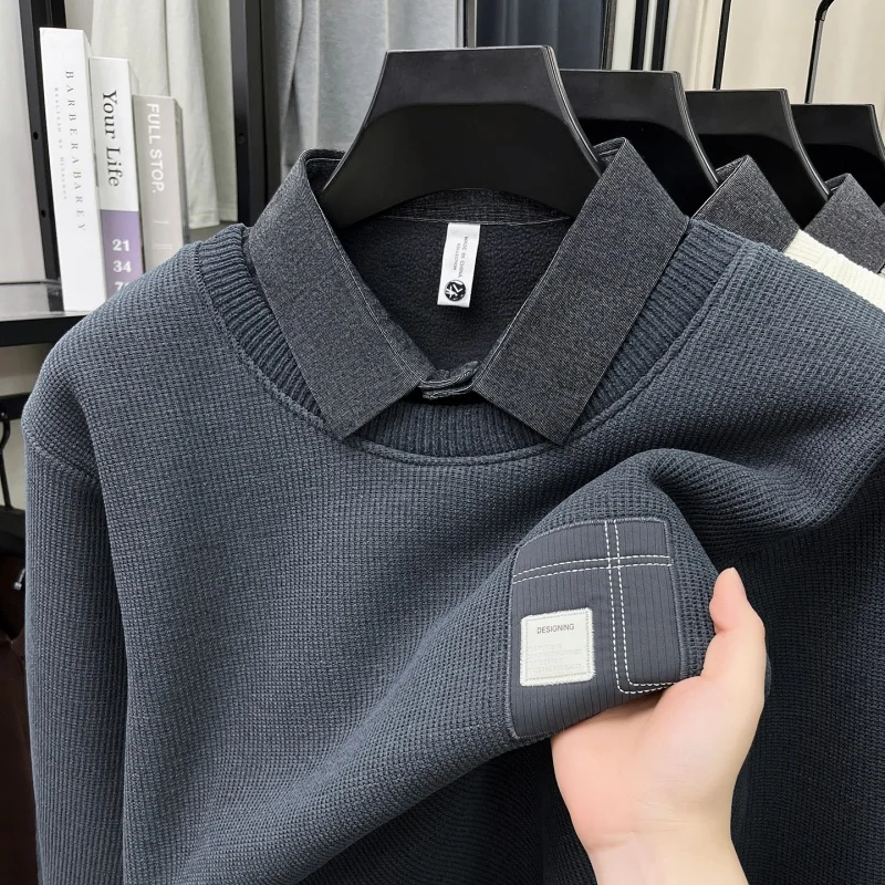 Autumn Winter New Style Men's Waffle European Cotton Velvet Fake Two-Piece Sweater Knitted Shirt Business Casual Men's Clothing