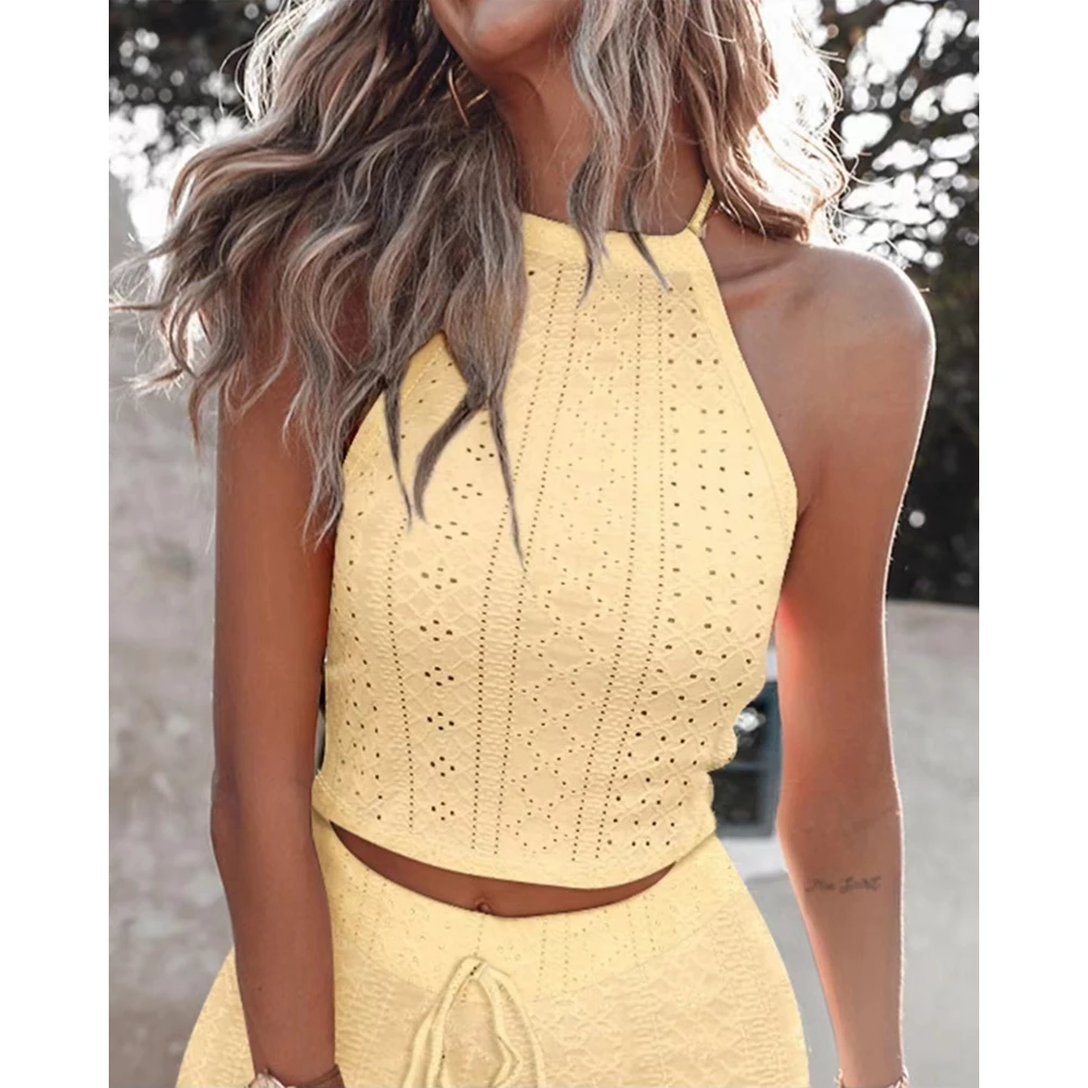 Summer Women Eyelet Embroidery Crop Halter Top & Drawstring Shorts Set Casual New in Two-Pieces Shorts Sets Outfits Clothing