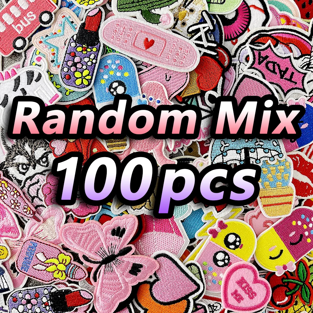 100Pcs/Lot Random Mix Patches Embroidery Applique Ironing Clothing Sewing Supplies Decorative Fabric Patch Appliques Pink