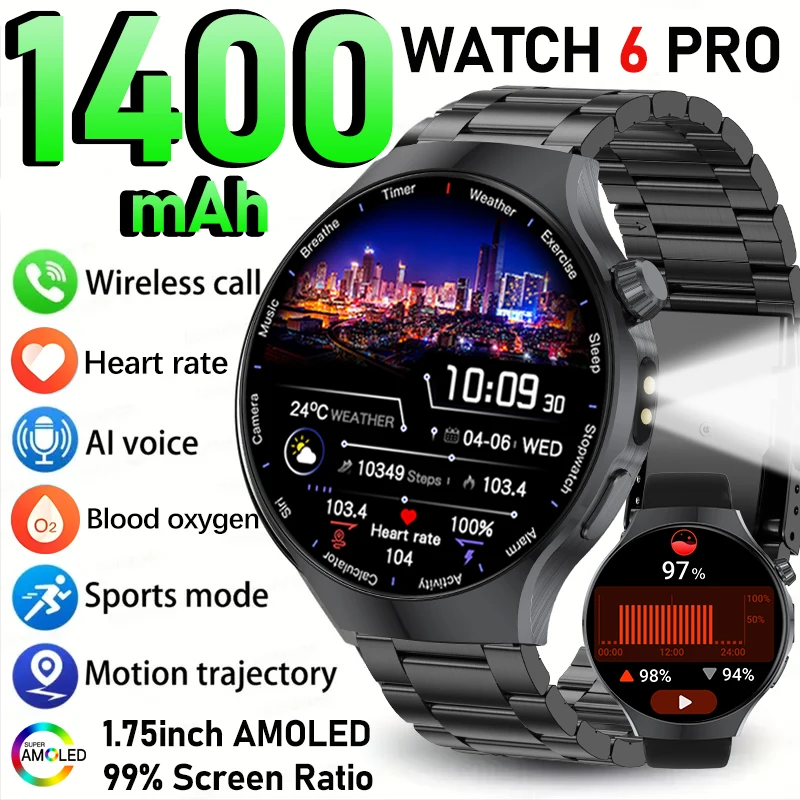 Nouvelle montre connectée 6 Pro+ 2026, batterie 1400 mAh, autonomie 140 jours, lampe torche LED, GPS, étanche, suivi sportif et santé
