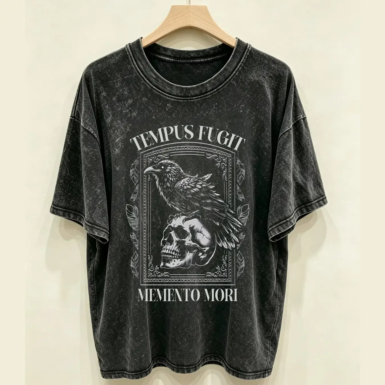 washed T Shirt NEW LIMITED Tempus Fugit Memento Mori Skull Crow Bird vintage Washed Stretched homme graphic streetwear Casual