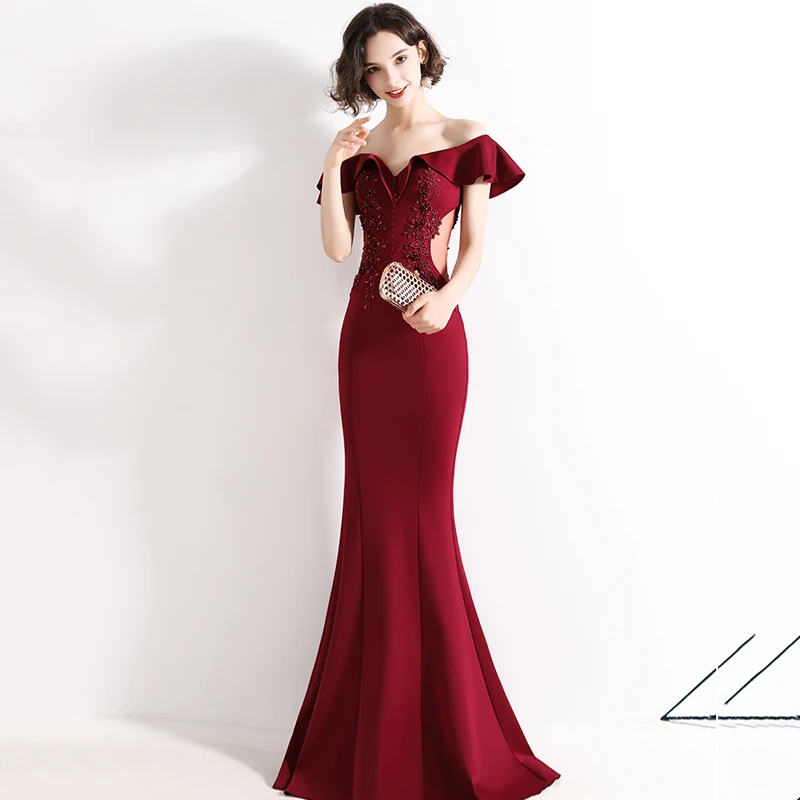 Elegant Burgundy Evening Dresses Boat Neck Off-The Shoulder Beaded Appliques Slim Mermaid Dress Women\'s Formal Maxi Gowns