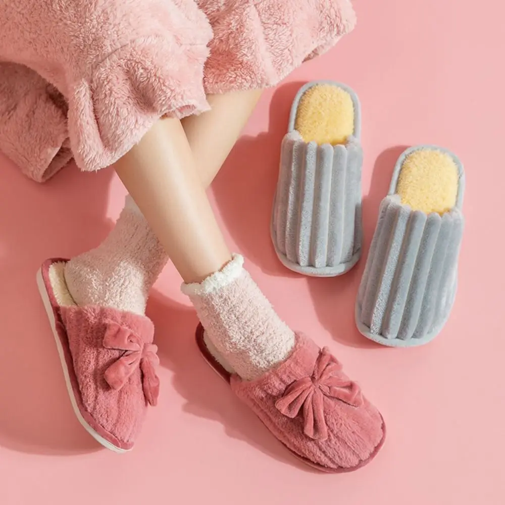 

Comfortable Patchwork Plush Warm Slippers Non-Slip Thick Sole Winter Indoor Slippers Bowknot Casual Soft Home Slippers Bedroom