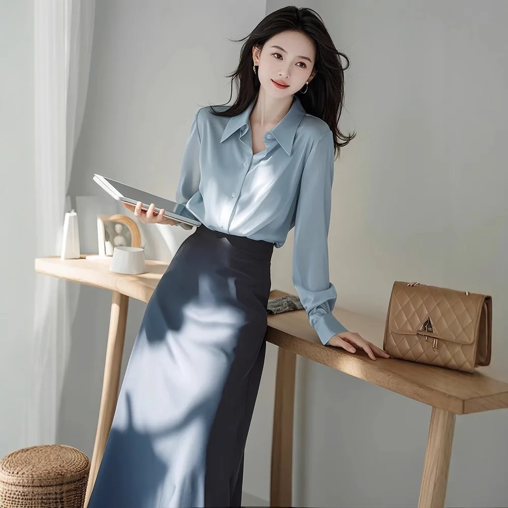 Spring Commute Blue irt Skirt Set Pear Body ape High Cold Sle Powerful Aosphere Strong Women's Wear Casual Sportswear