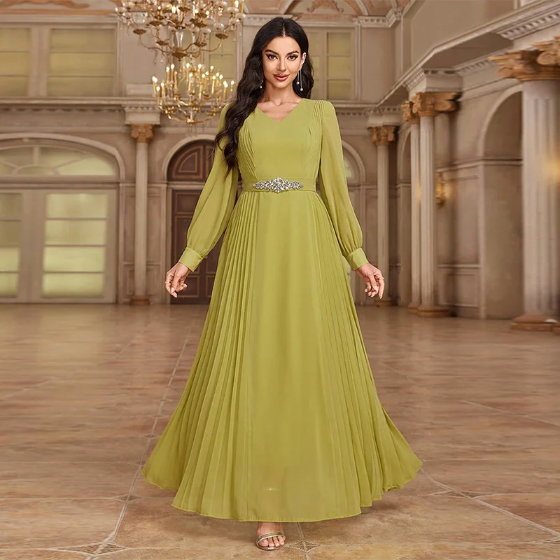 1593 moda chiffon frisado lanterna manga longa com decote em v cintura-cinch emagrecimento a linha vestido de chiffon vestido de noite feminino