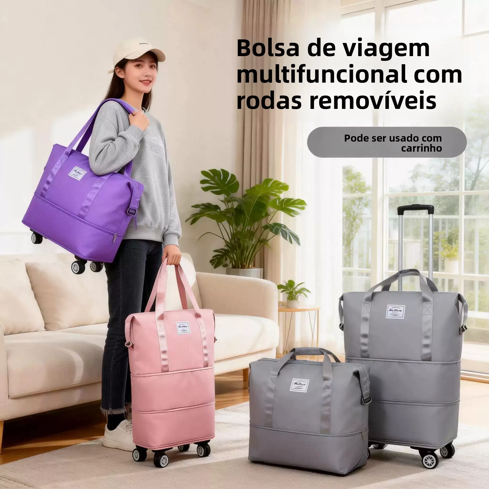large-capacity-lightweight-travel-bag-women's-foldable-pull-rod-shopping-bag-with-wheels-nylon-material-double-shoulder-strap