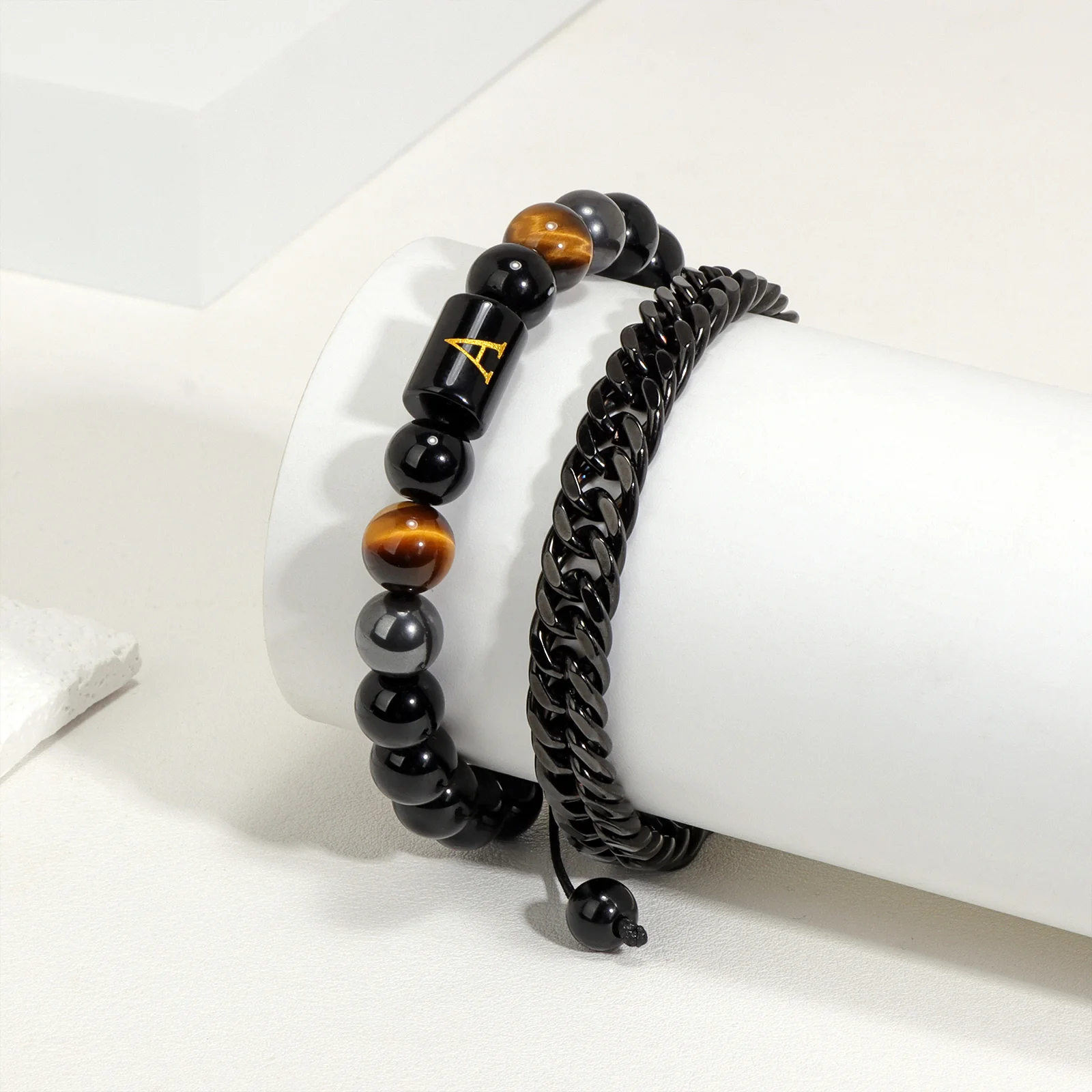 2 قطعة/المجموعة 26 حرف الحجر الطبيعي الرجال أساور عين النمر الهيماتيت سوار الطاقة الأسود التيتانيوم الصلب سوار الإسورة مجوهرات #5