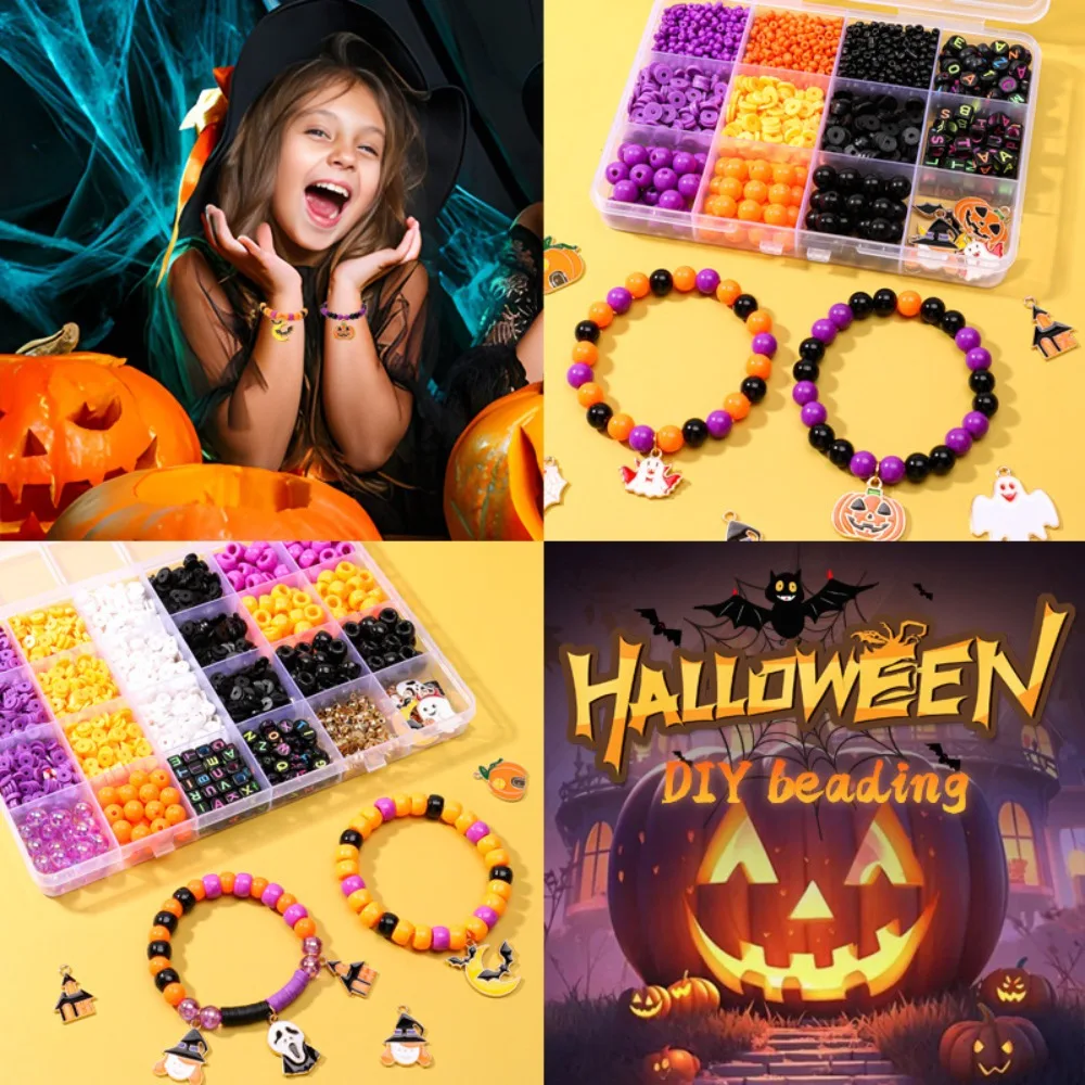 Set per realizzare braccialetti dell'amicizia in acrilico, perline distanziatrici con lettere, kit per creare braccialetti con perline di Halloween, 24 scatole a griglia, cartoni animati