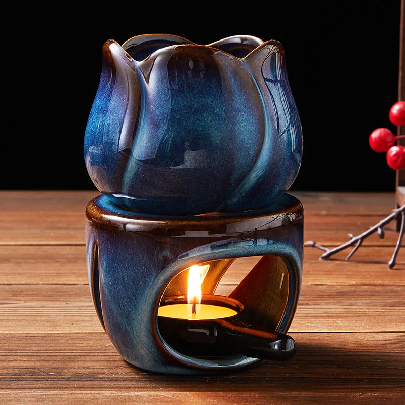 Keramik-Räuchergefäß aus Sandelholz, zweiteilig, 180 ml, für ätherische Öle, Tulpen-Kerzenhalter mit Ablage, Reed-Diffusor-Basis