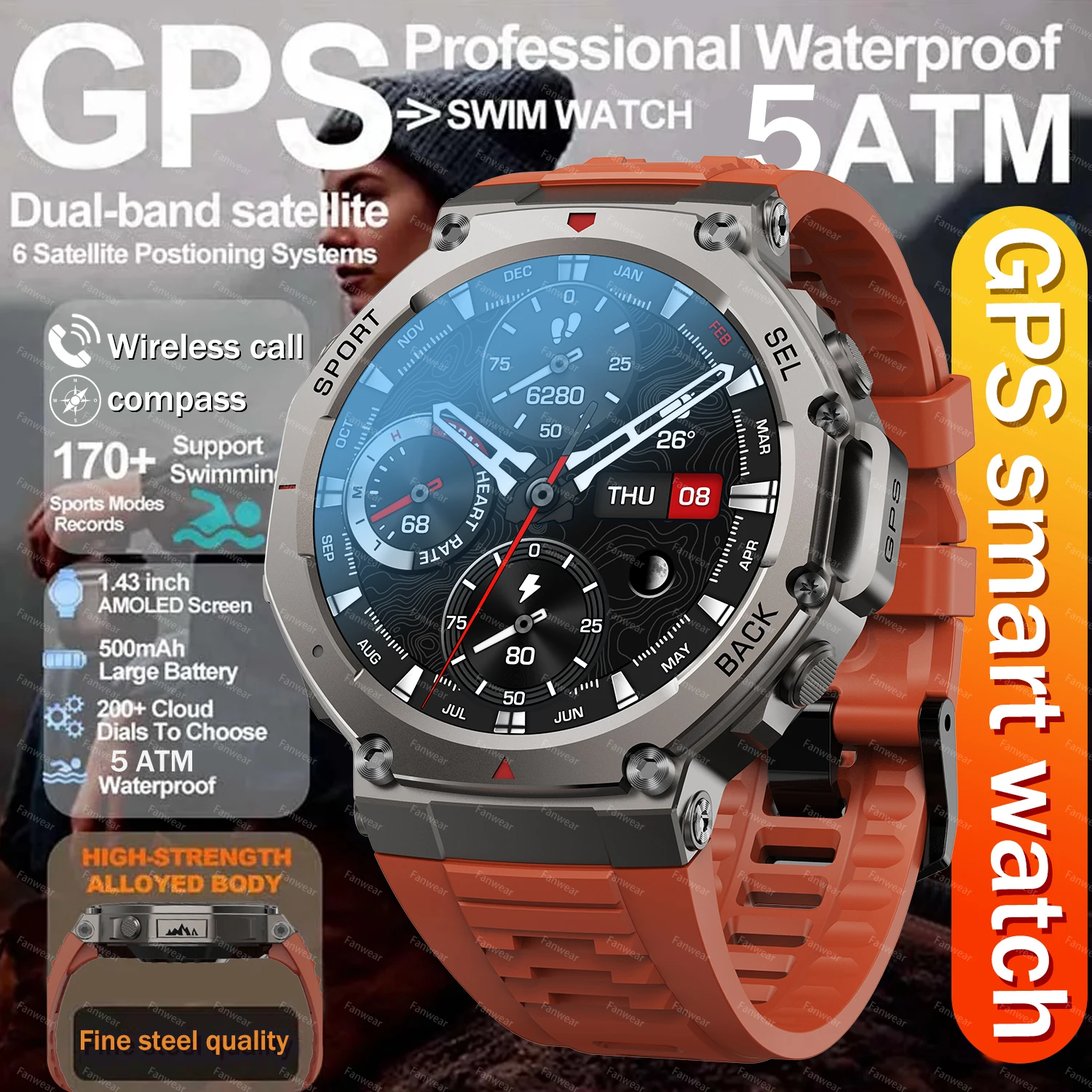 

Fanwear T-Rex3 GPS Smart Watch, 5ATM Swimming Smart Watch,Compass, Barometric Altitude, Bluetooth Call, Outdoor Sports Cycling