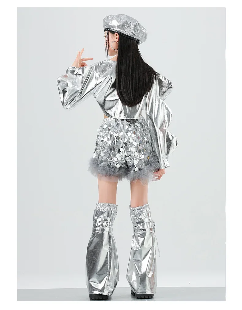 Mädchen Silbernes Pailletten-Jazz-Hip-Hop-Tanzkostüm Streetdance-Bühnenoutfit Glitzerndes Pailletten-Tanzoutfit-Set – Detail 8