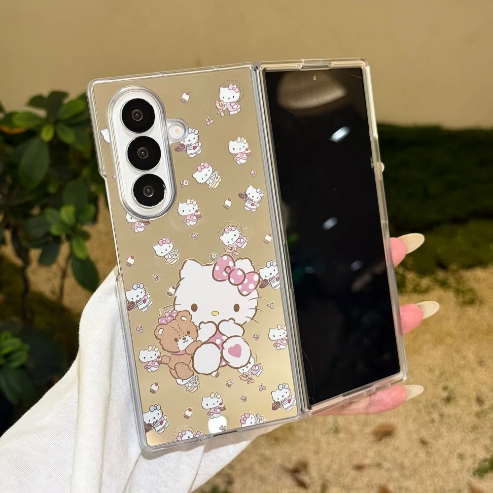 Funda de Teléfono con Espejo de Maquillaje de Lujo, Diseño KT Cat, con Correa Corta, para Samsung Galaxy Z Fold 7 6 5 4 3, Protectora y Anti-Golpes, de Acrílico
