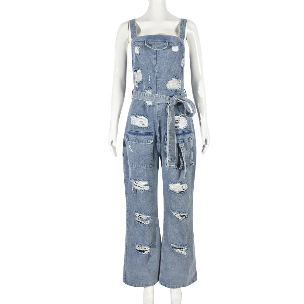 Gewaschener Denim Cargo Overall für Frauen 2024 Sommer sexy elastische Loch taschen Gürtel riemen weites Bein Hosen Jeans Overalls Stram pler