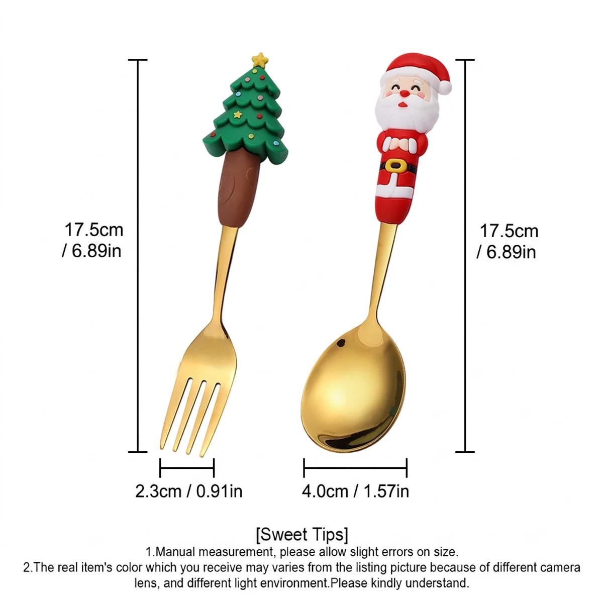 Large Stainless Steel Christmas Spoon and Christmas Fork Set, Dessert Ice Cream Spoon and Cake Fork, a Gift for Christmas Party