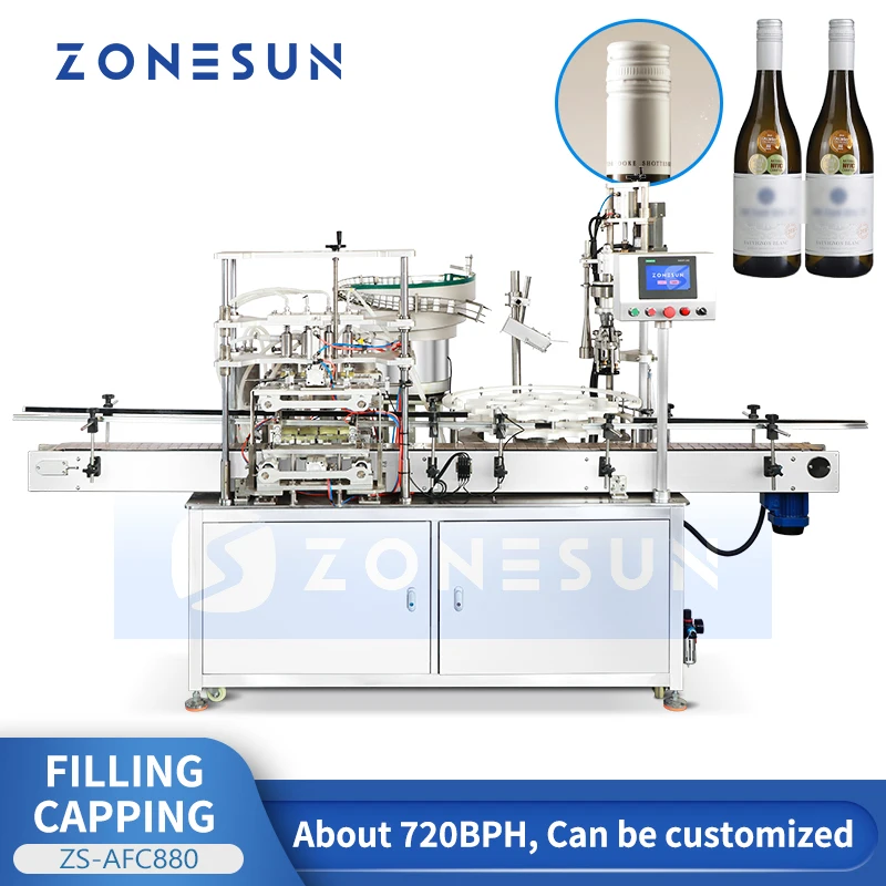 Zonesun ZS-AFC880 Weinflaschmaschine, 4-Kopf-Vakuumfüller, ROPP-Verschließmaschine, automatische Produktionslinie