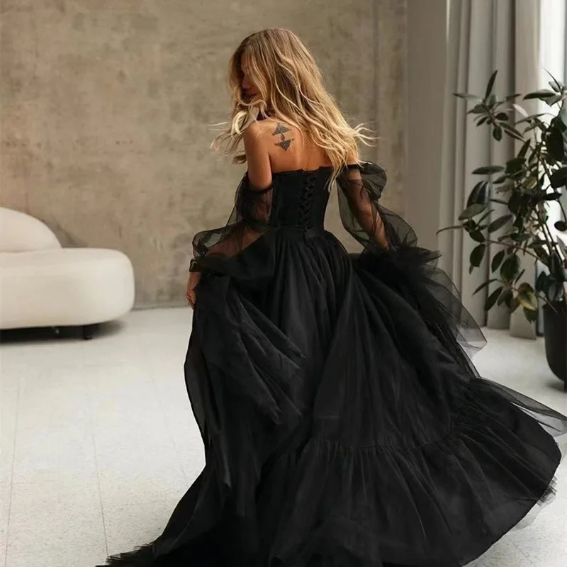 Wakuta Sexy One Shoulder Long Sleeved Evening Gowns Transparent Lace Black Fluffy Tail Wedding Vestidos De Tricô Femenino 2024