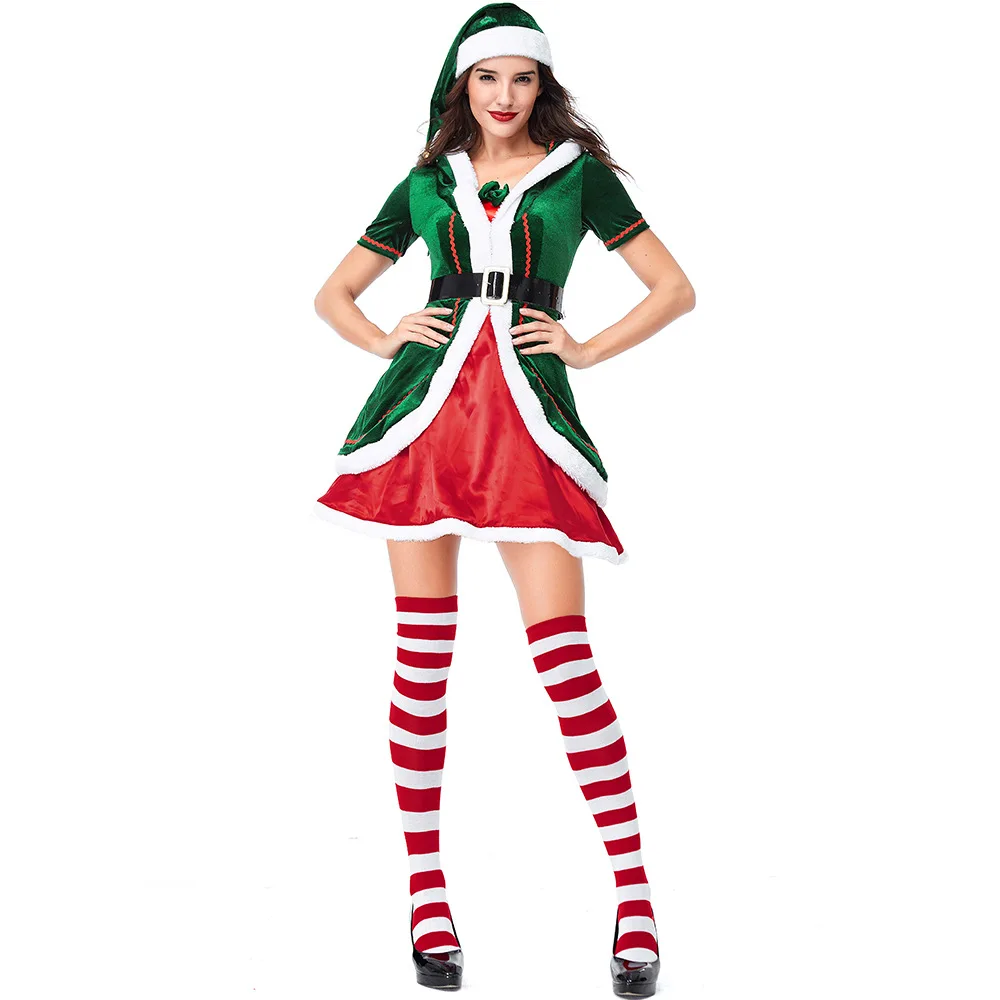 Kerst Kerstman Groene Elf Cosplay Kostuums Sexy Mooie Jurken Hoed Sokken Outfit Meisje Vrouwen Rollenspel Party Show Suits