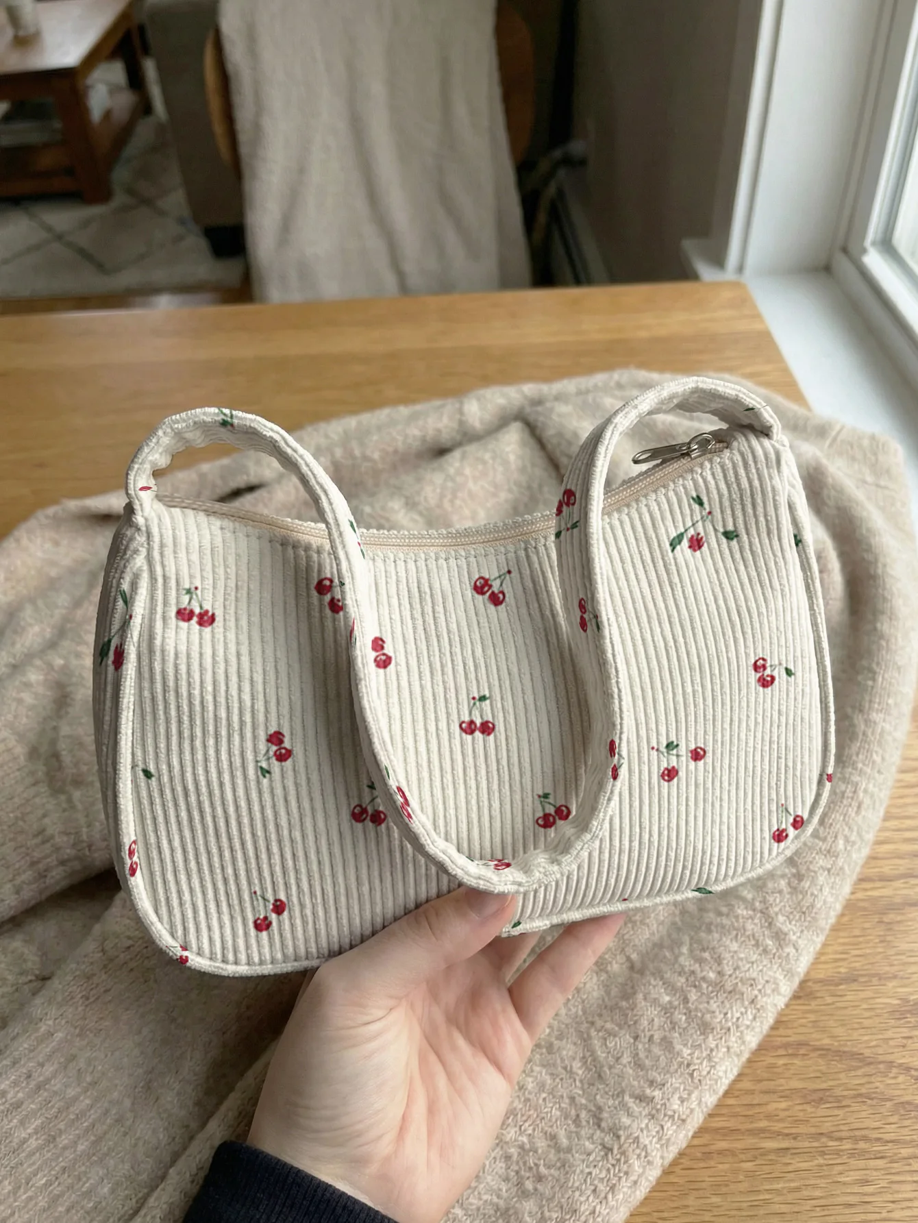 Trendy Cherry Print Shoulder Bag, Beige Corduroy Underarm Bag for Daily Casual Use